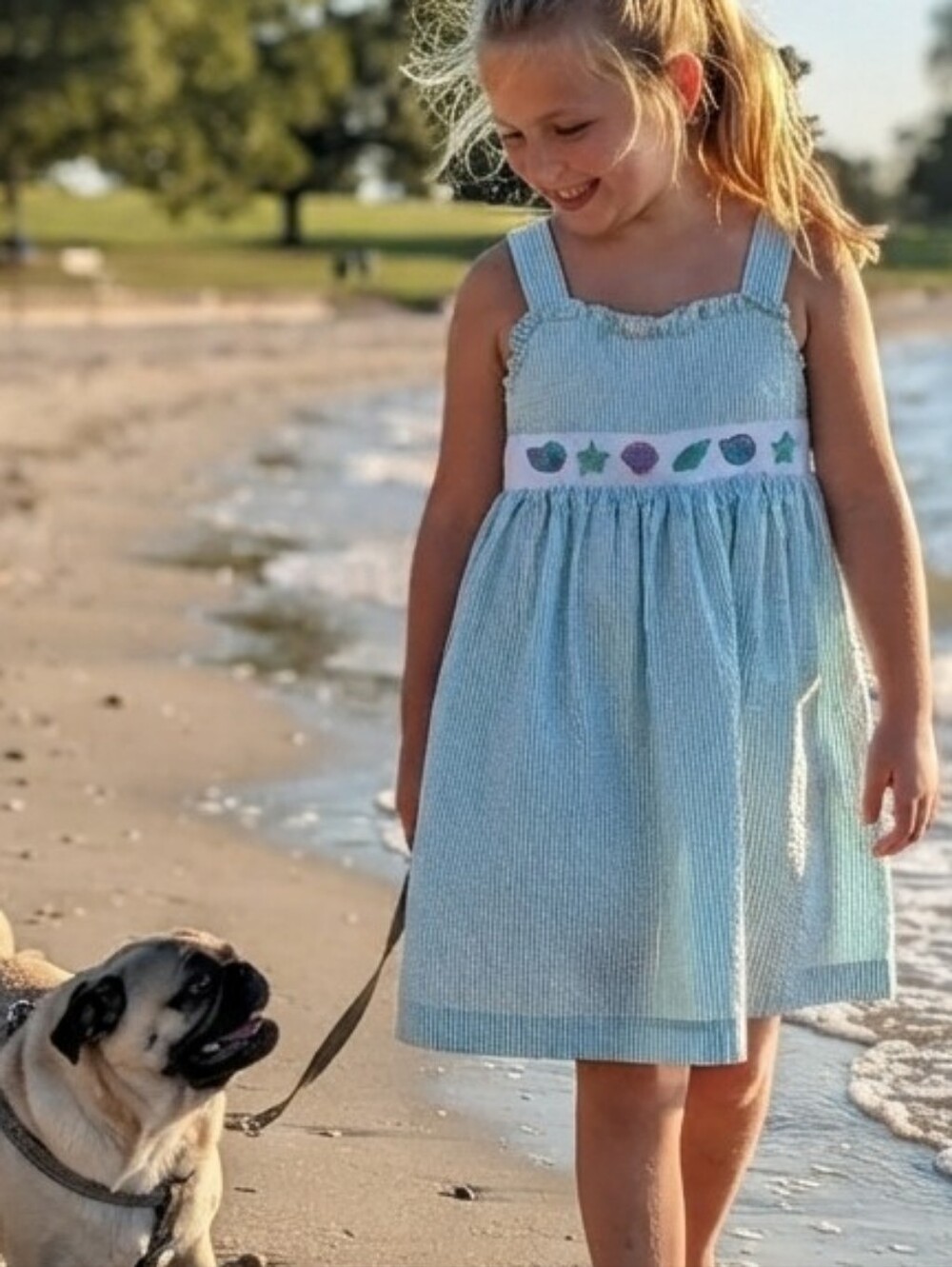 Girls Light Blue Smocked Summer Dress with Seashell Accent
